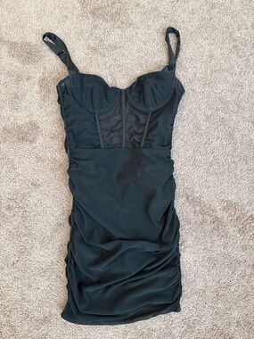 Oh Polly Black Ruched Mesh Bodycon Dress with Built-In Cups